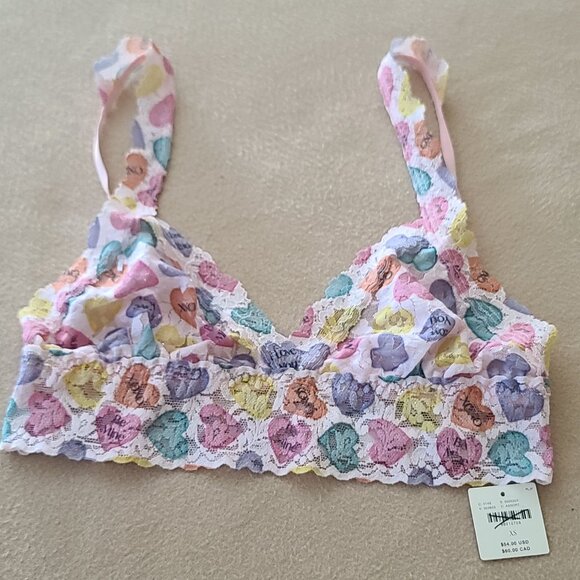 Hanky Panky Triangle Printed Lace Bralette XS Pink Multicolor Love Hearts NWT - Picture 2 of 10